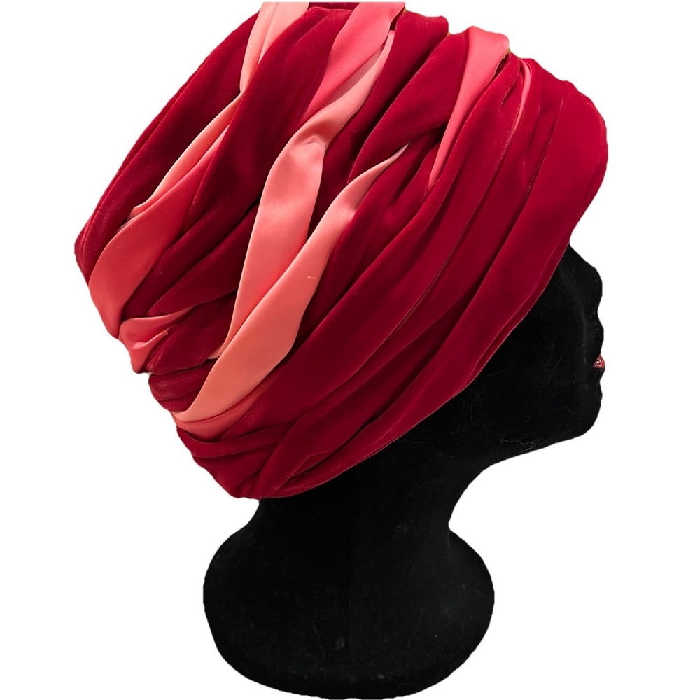 Melinda Original Vtg Turban Hat Pink Red Velvet Mesh Lined 60's Boho Easter WWII - Picture 2 of 7